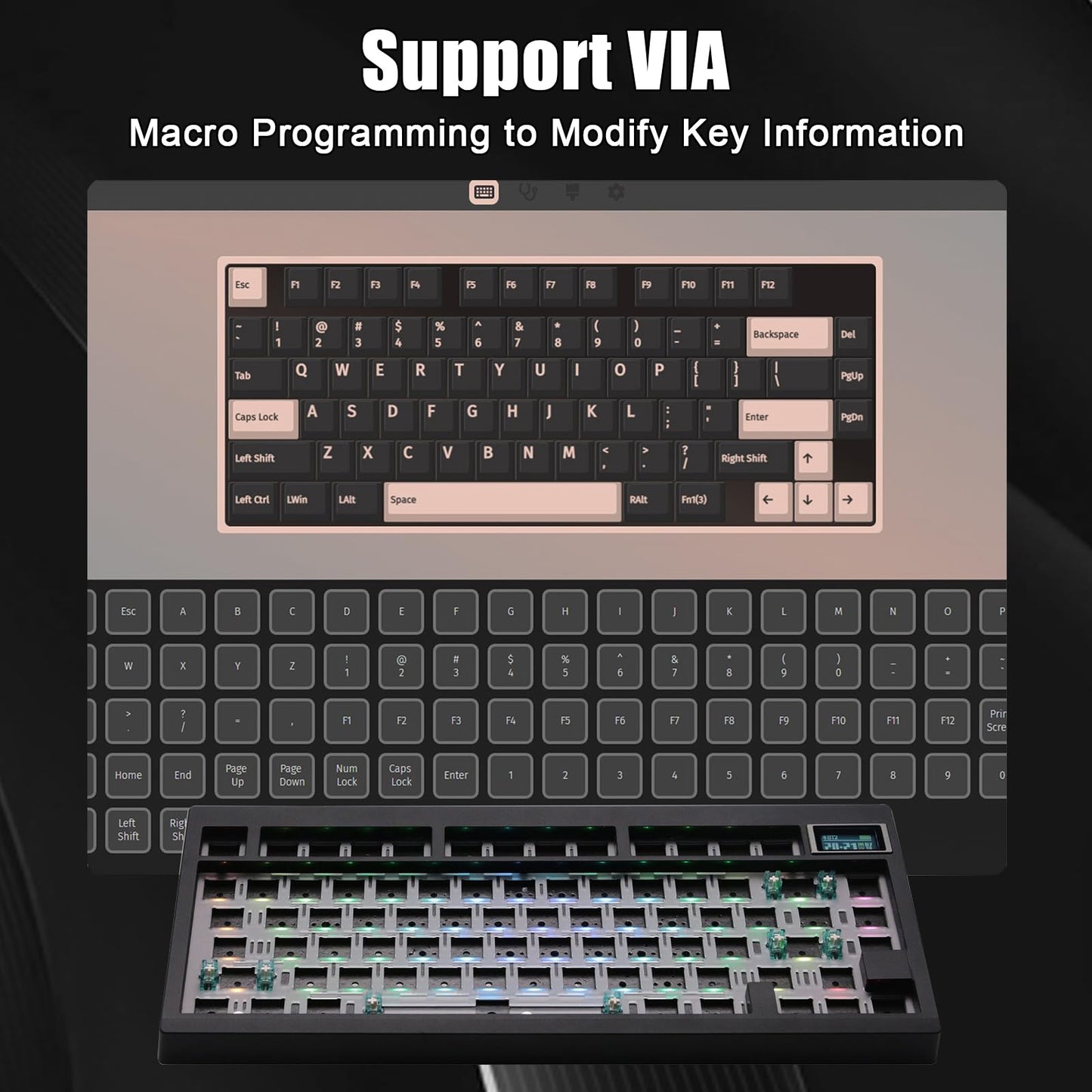 ZMX GMK81 75% Keyboard Kit,Hot Swap Bluetooth/2.4G Wireless/Type-C Tri-Mode RGB Mechanical Keyboard with TFT-LCD Screen PCB Gasket VIA Programmable Customized Barebones TKL Gaming DIY Kit (Black)
