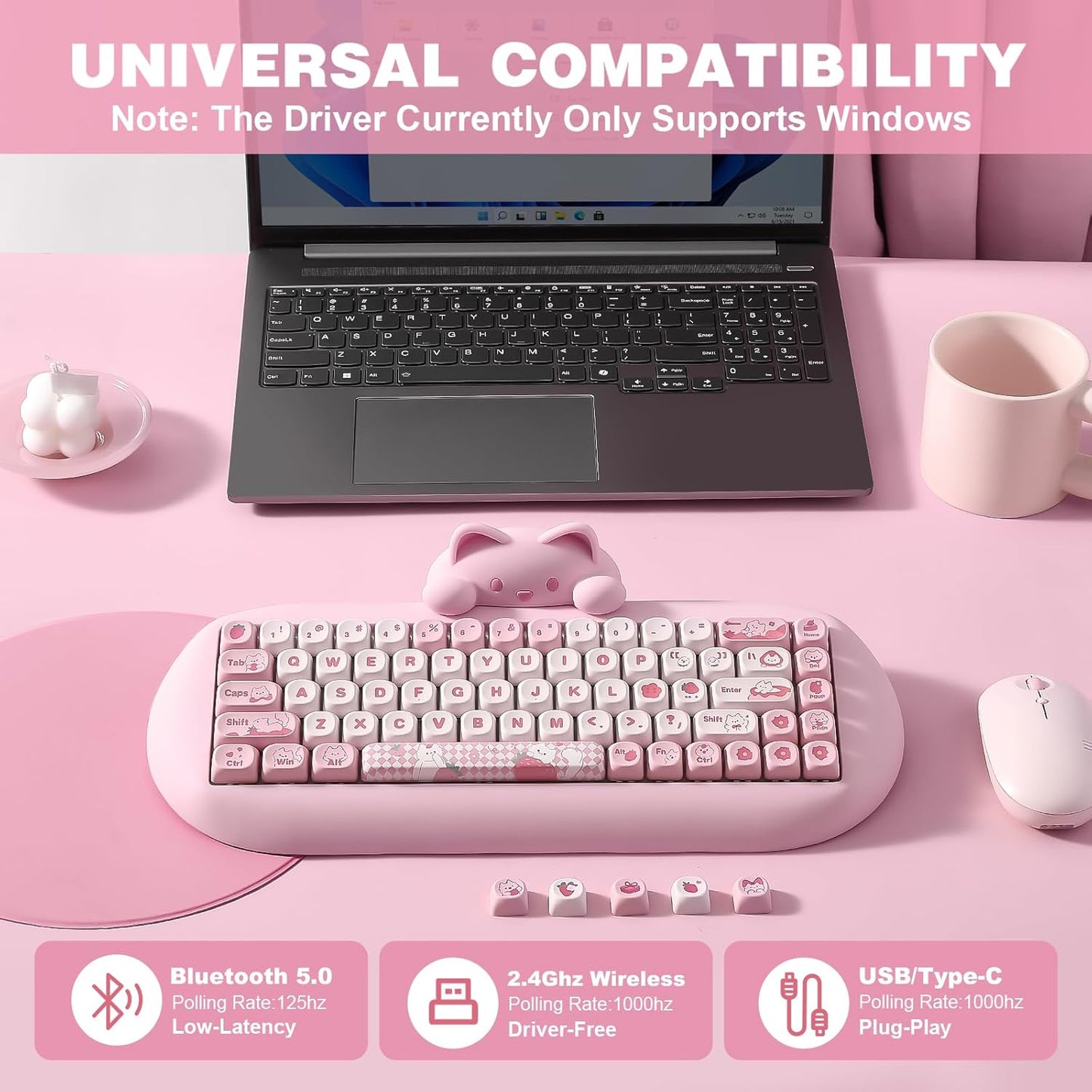 YUNZII C68 Wireless Mechanical Keyboard,65% Layout,Hot Swap,Triple Mode BT5.0/2.4G/Wired, RGB Backlit NKRO,Cute Cat Silicone Ergonomic Design for Win/Mac (Brown, Milk Switch)