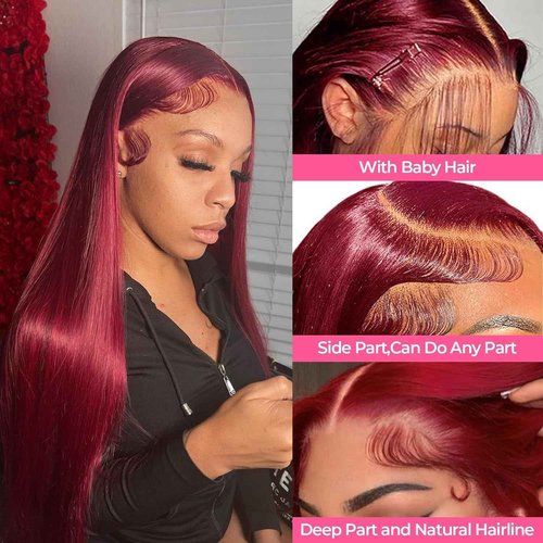 PiPiHA Burgundy Lace Front Wigs - 26 Inch Straight, Pre Plucked, 13x4 HD Glueless, 180% Density (26 Inch, 99j)