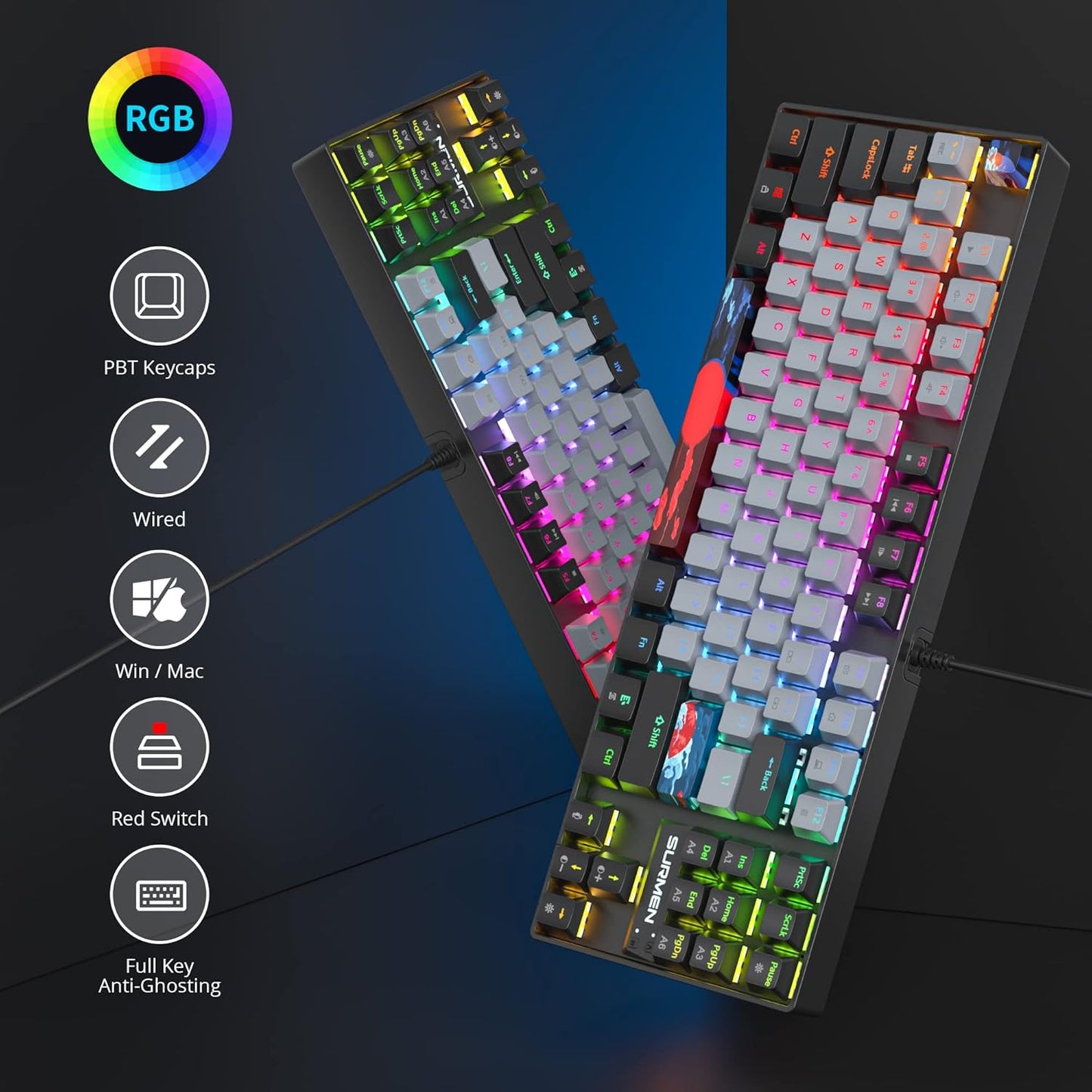 60 Percent Gaming Keyboard Mechanical with Linear Red Switch, 65% Wired Ultra-Compact Mini Keyboard Rainbow with PBT Keycaps for Ps4/Ps5/Xbox(68 MonsterB)