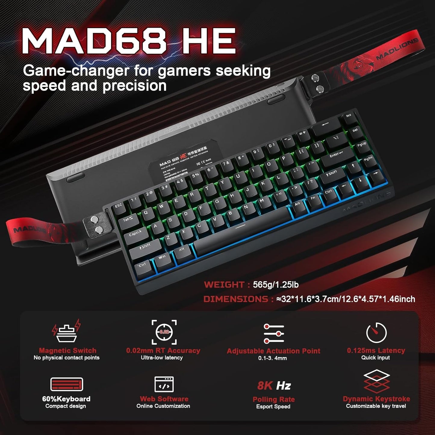 YUNZII x MADLIONS MAD68 HE Rapid Trigger Wired Magnetic Mechanical Gaming Keyboard 60% Hall Effect Switches Adjustable Actuation, PBT Keycaps RGB Hot-Swap,8K Hz Polling Rate(Black,Amber Pro Switch)