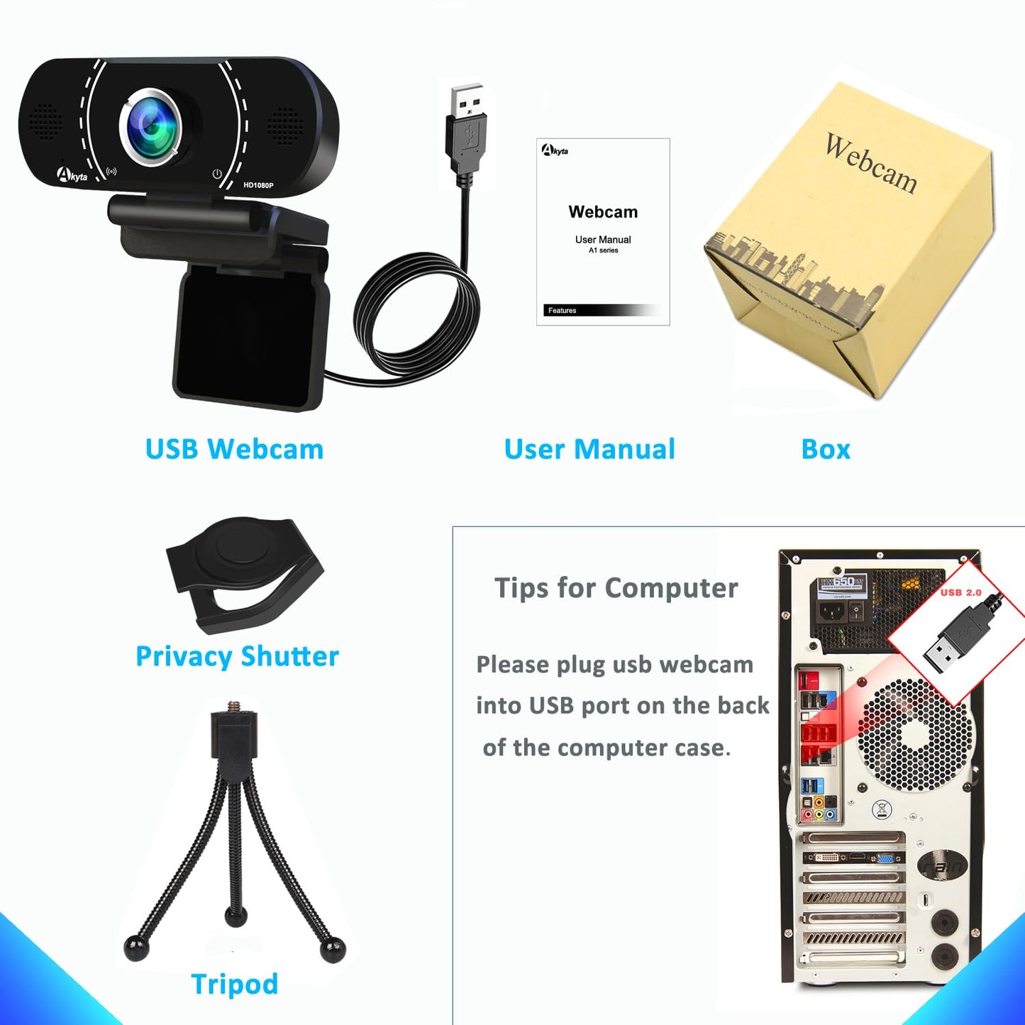 Akyta Web Camera for Laptop, 1080P Webcam with Noise-Canceling Microphone/Privacy Cover & Wide Angle 110°, USB Web Camera for Desktop Computer PC Mac Video Calling/Streaming/Zoom Conference