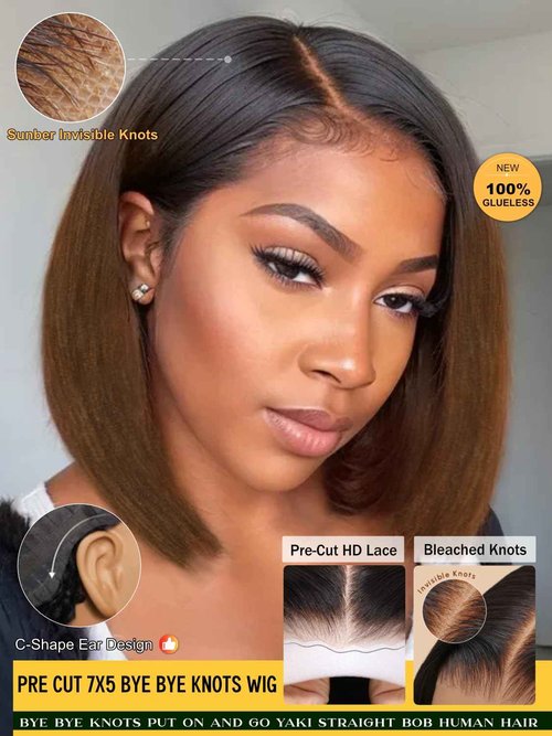Sunber Ombre Chestnut Brown Light Yaki Straight Bob Human Hair Wigs Bye Bye Knots Pre Cut 7x5 HD Lace Front Lace Put On and Go 3s Wear Glueless Brown Yaki Bob Wig Pre Bleached Invisible Knots 12Inch