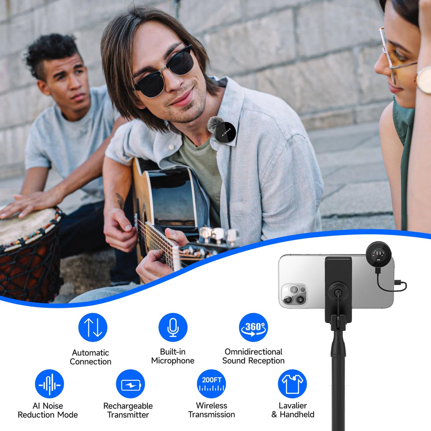 AIRHUG Wireless Lavalier Microphone, AI Noise Cancelling- Cordless Recording Mic with 2 Lavalier Transmitters and 1 Receiver for Camera/iPhone/ipaid, Vlog, Filmmaking, Streaming