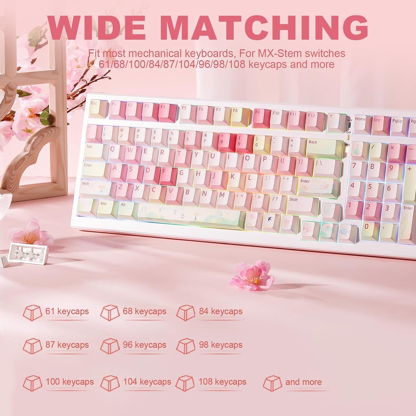 YUNZII Spring Tea Dye Sub PBT Keycaps,145 Full Keys Dye Sublimation PBT Custom Keycap Set with Key Puller for Cherry Gateron MX Switches Mechanical Gaming Keyboard (Cherry Profile, Spring Tea)