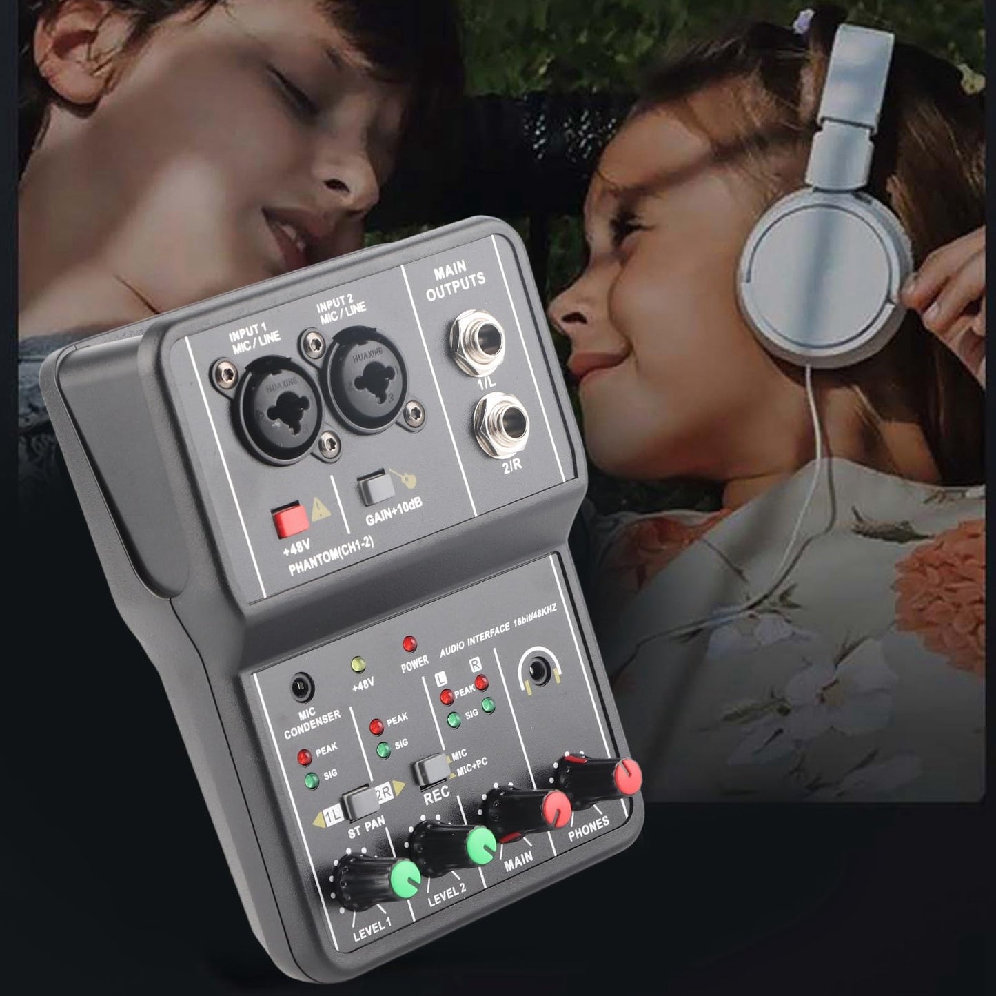 2 Channels Audio Mixer, Sound Card USB 48V Power Compact Sound Mixing Console, USB Soundcard for PC Recording for Music Recording Home Karaoke Internet Karaoke