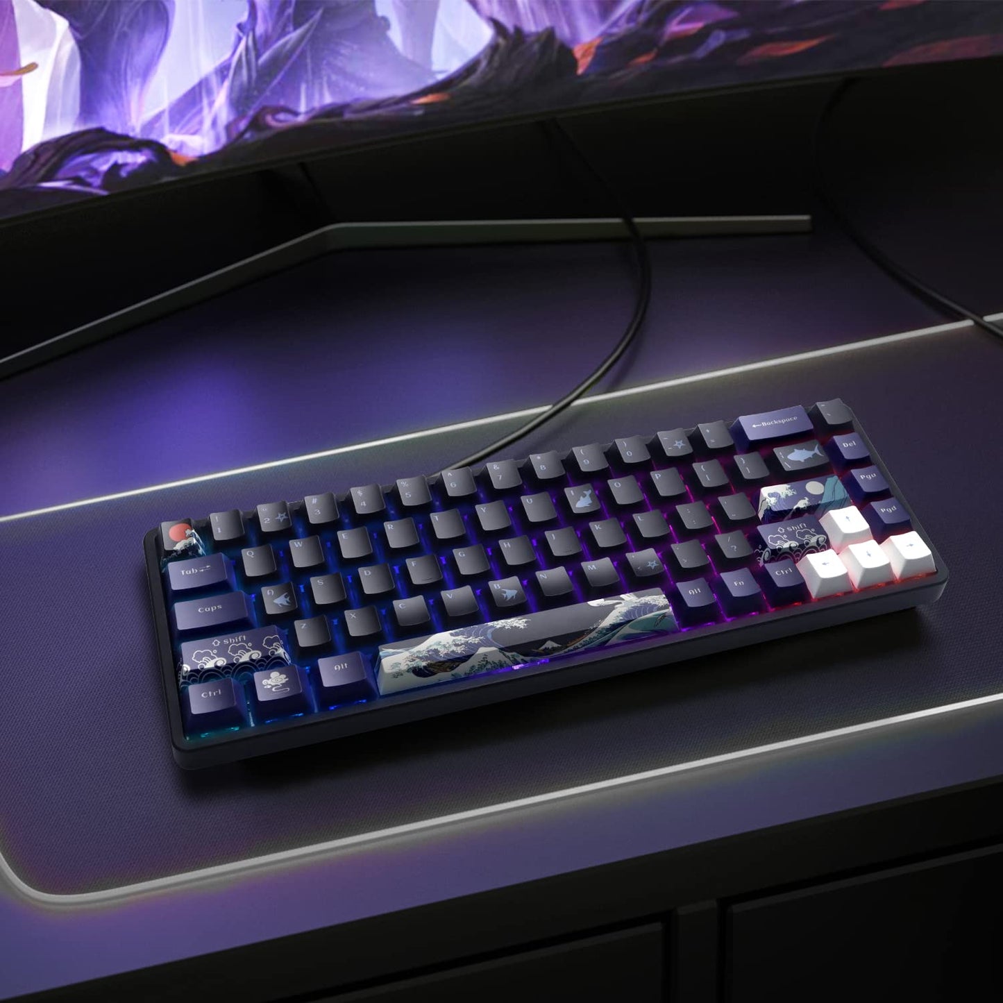 XVX PBT Keycaps - Great Wave of Kanagawa Japanese Design, Dye-Sub Custom Keycaps Set, Cherry Profile for 61/64/66/68 Cherry/Gateron MX Switches, 78 Key Set