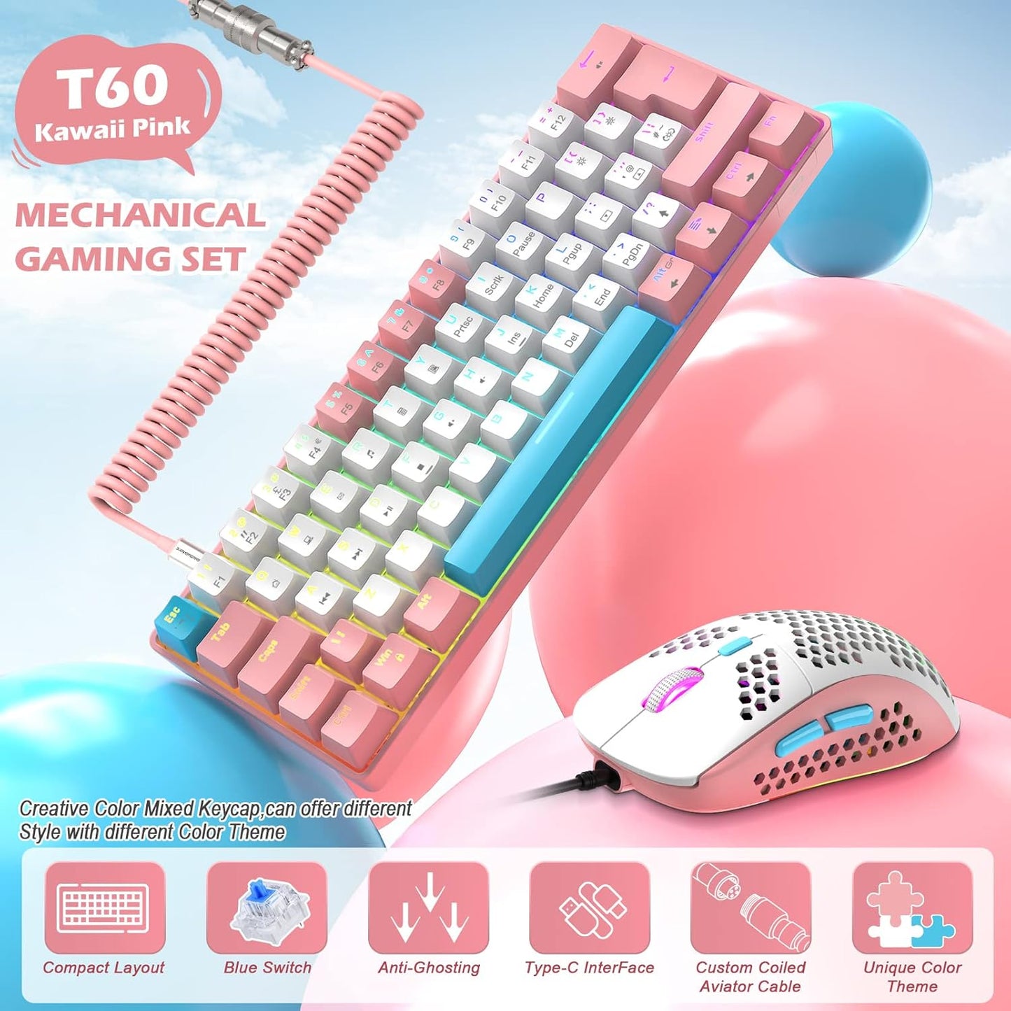 ZIYOU LANG RK-T60 Wired Mechanical Gaming Keyboard and Mouse Combo Portable with Rainbow Backlit 62Key NKRO 6400DPI RGB Honeycomb Mice Coiled Aviator Cable for PS4/PC/WIN Gamer(Dark Gray/Blue Switch)