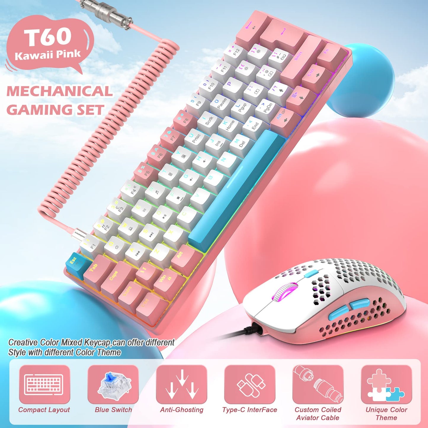 ZIYOU LANG RK-T60 Wired Mechanical Gaming Keyboard and Mouse Combo Mini Portable with Rainbow Backlit 62Key NKRO 6400DPI RGB Honeycomb Mice Coiled Aviator Cable for PS4/PC/WIN Gamer(Pink/Blue Switch)