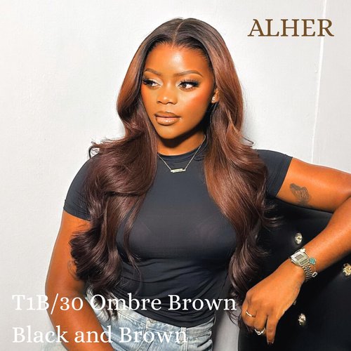ALHER T1B/30 Human Hair Bundles Body Wave, 12A Ombre Brown Colored 3 Bundles Dark Root Two-tone, 100% Brazilian Virgin Remy Human Hair for Black Women Soft Thick Wavy 12 14 16 Inch