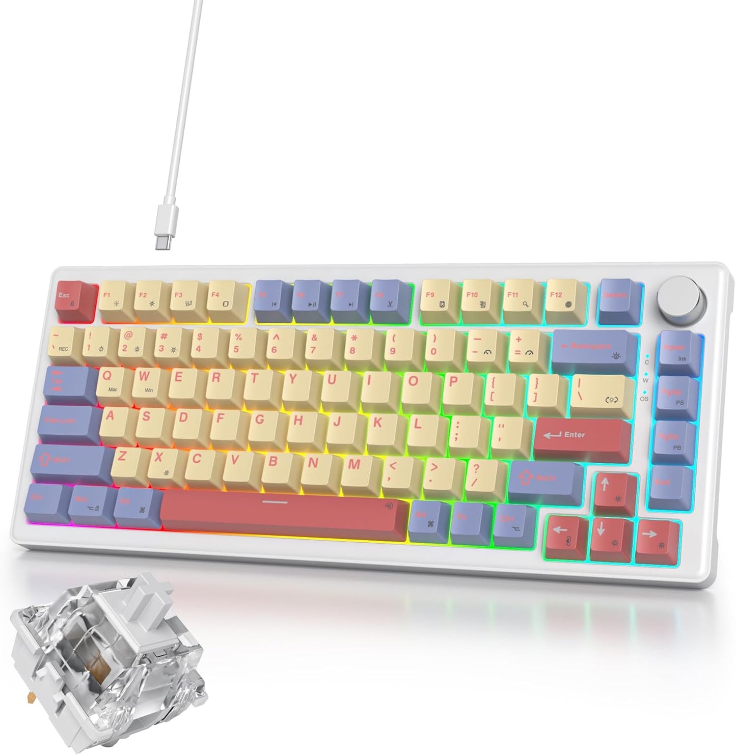 75% Mechanical Gaming Keyboard, Hot Swappable RGB Backlit Custom With Knob, Gasket Mount USB Wired, 82 Keys Blue White Linear Red Switch (82 Blue White)