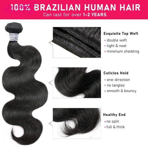 BERRYS FASHION Human Hair Bundles, 9A Brazilian Virgin Human Hair for Black Women, Body Wave Straight, Double Weft, Natural Black, 1 Bundle / 3 Bundles 10 12 14 16 18 20 22 24 26 28 inch