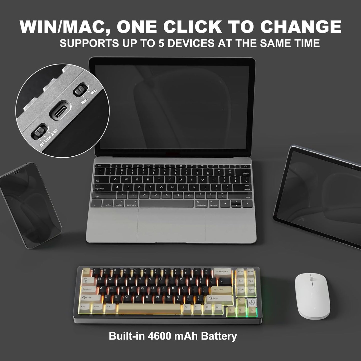YUNZII AL71 68% Mechanical Keyboard (Black, Crystal White Switch) and Full Keycap Set (Coffee Cat) Bundle