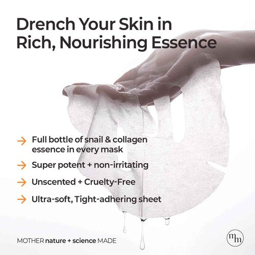 MOTHER MADE Glowing Glass Skin Hydrating Snail Deep Collagen Face Masks Set of 20 EA, with Niacinamide 2%, Vitamin E, Facial Mask for Dry, Sensitive Skin, Self Care, Korean Skincare