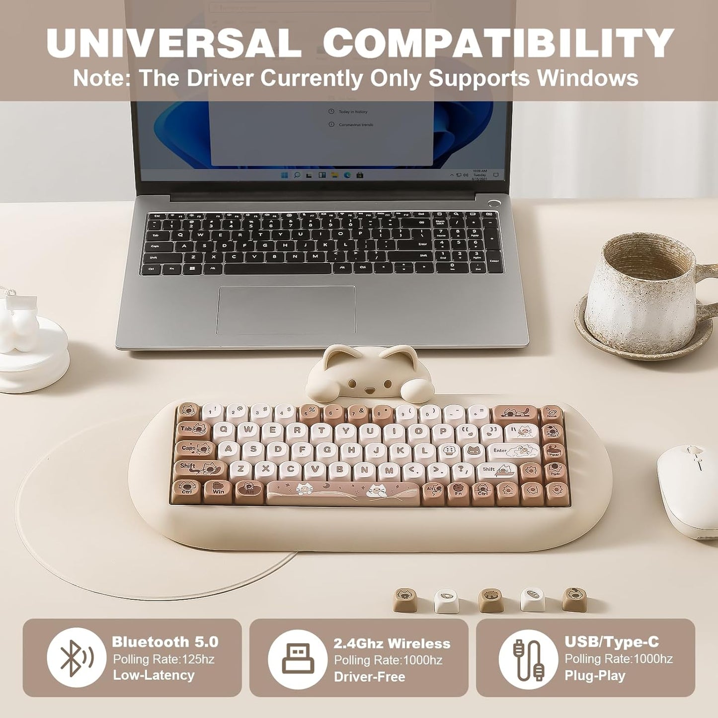 YUNZII C68 Wireless Mechanical Keyboard,65% Layout,Hot Swap,Triple Mode BT5.0/2.4G/Wired, RGB Backlit NKRO,Cute Cat Silicone Ergonomic Design for Win/Mac(Brown, Cocoa Cream V2 Switch)