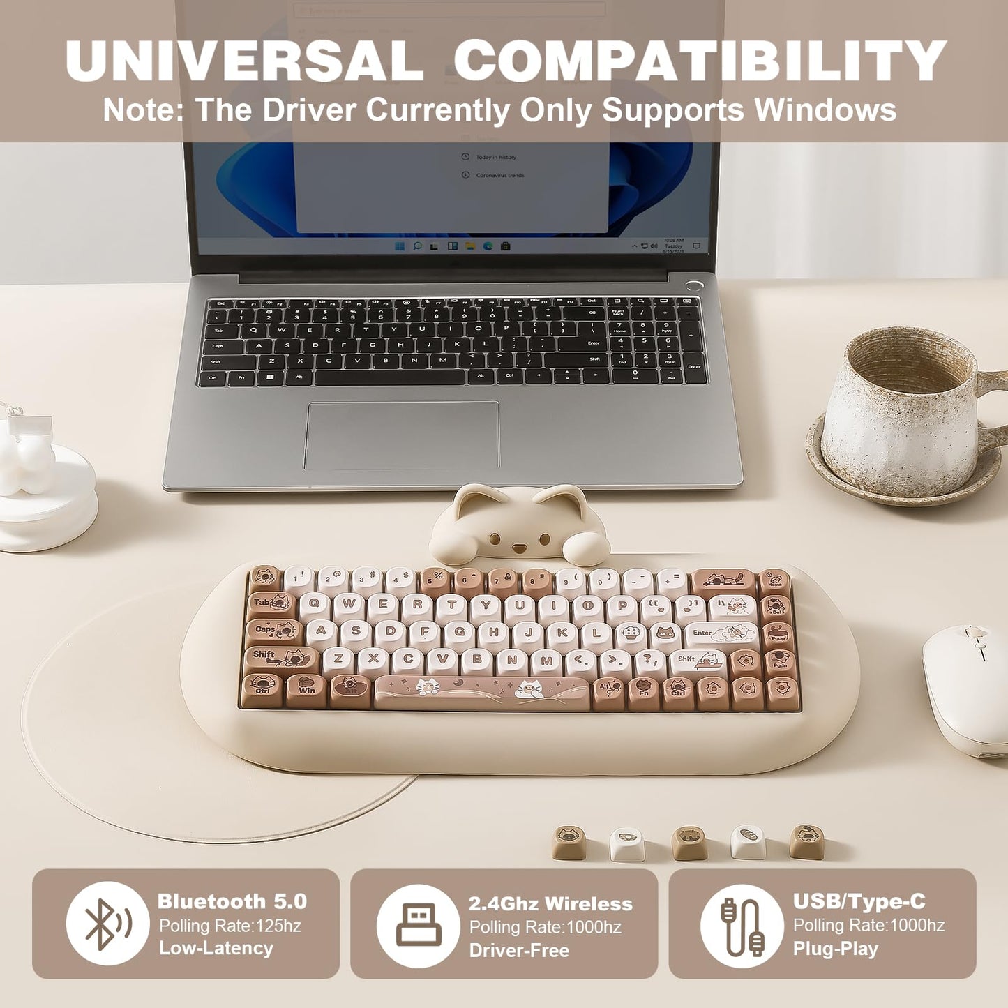 YUNZII C68 Wireless Mechanical Keyboard,65% Layout,Hot Swap,Triple Mode BT5.0/2.4G/Wired, RGB Backlit NKRO,Cute Cat Silicone Ergonomic Design for Win/Mac (Brown, Milk Switch)