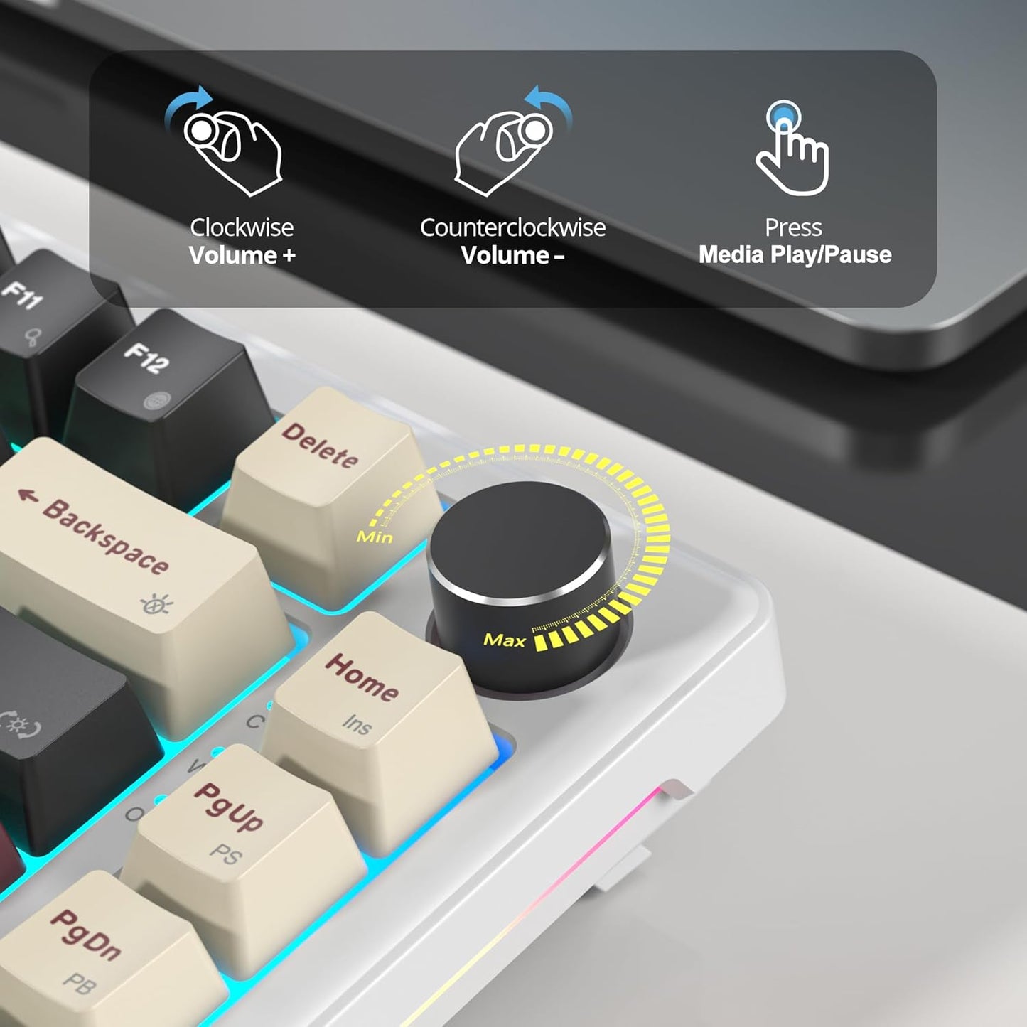 75% Mechanical Gaming Keyboard with Volumn Knob, Gasket Hot Swappable RGB, Wired, Red Switch, 82 Keys Compact Creamy (Black Grey)