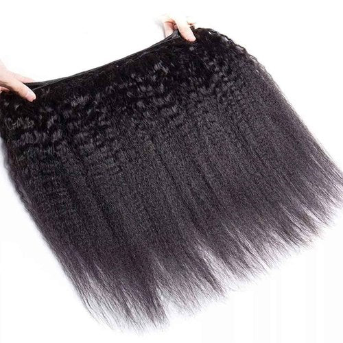 Kinky Straight Bundles with Closure Yaki Kinky Straight Human Hair 3 Bundles with 4x4 Lace Closure Unprocessed Brazilian Virgin Human Hair Weave Extensions Natural Color (14 16 18+12 closure)