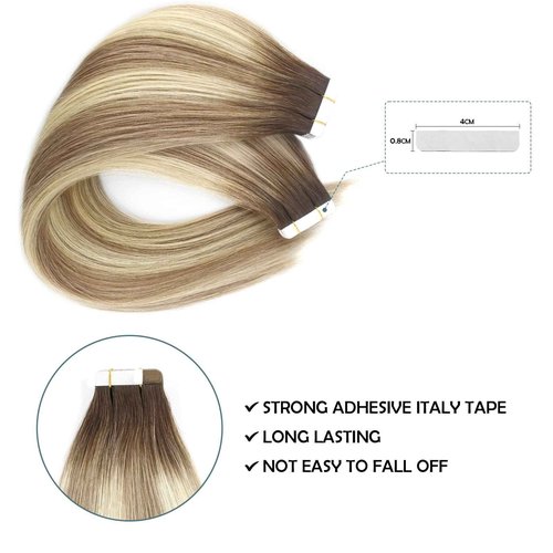 Sassina Tape in Hair Extensions Rooted Brown to Blonde 20 Inch Remy Human Hair 50 Gram Soft Invisible Seamless Skin Weft Human Hair 20 Pcs #R3/8-613