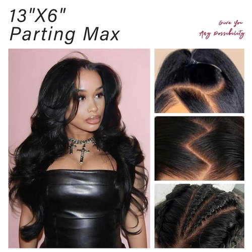 Doiwile 13x6 HD Lace Curtain Bangs Wig Human Hair 200% Density PartingMax Lace Wigs Bouncy Loose Wave Lace Front Wigs Human Hair Pre Cut Plucked Lace Frontal Glueless (Black Color, 16”)