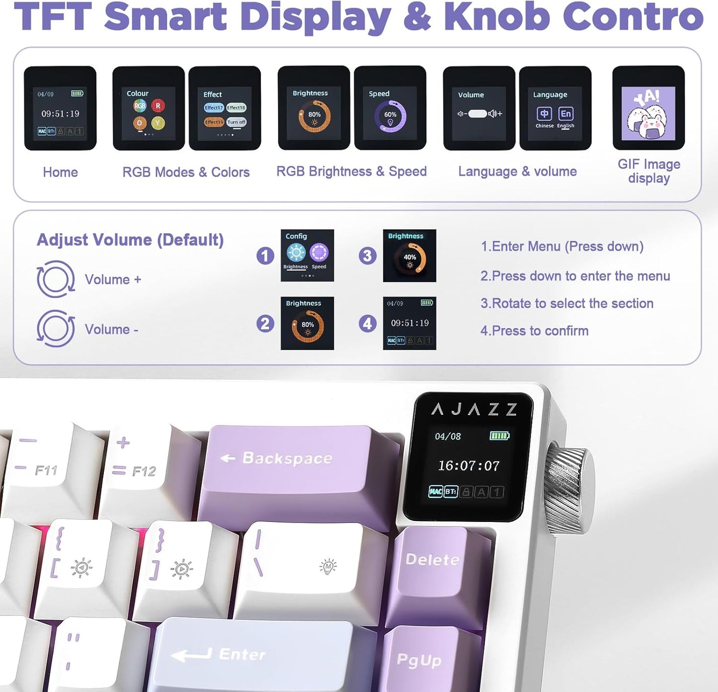AJAZZ AK650 Mechanical Gaming Keyboard with Smart Display & Knob,65% Wireless Mechanical Keyboard BT/2.4G/USB-C, Hot Swappable, Creamy Sounding with RGB Light (Purple,Flying Fish Switch)