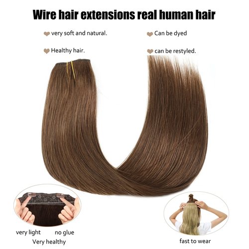 Ugrace Hair Wire Hair Extensions Real Human Hair Chocolate Brown 20 inch 100g Hairpiece with Transparent Invisible Fish Line Straight Clip in Human Hair Extensions for Women