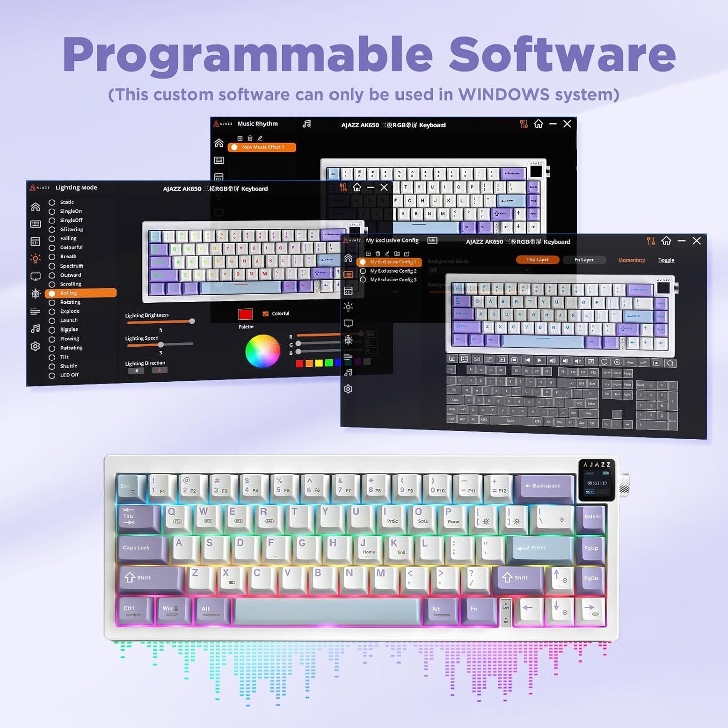 AJAZZ AK650 Mechanical Gaming Keyboard with Smart Display & Knob,65% Wireless Mechanical Keyboard BT/2.4G/USB-C, Hot Swappable, Creamy Sounding with RGB Light (Purple,Flying Fish Switch)