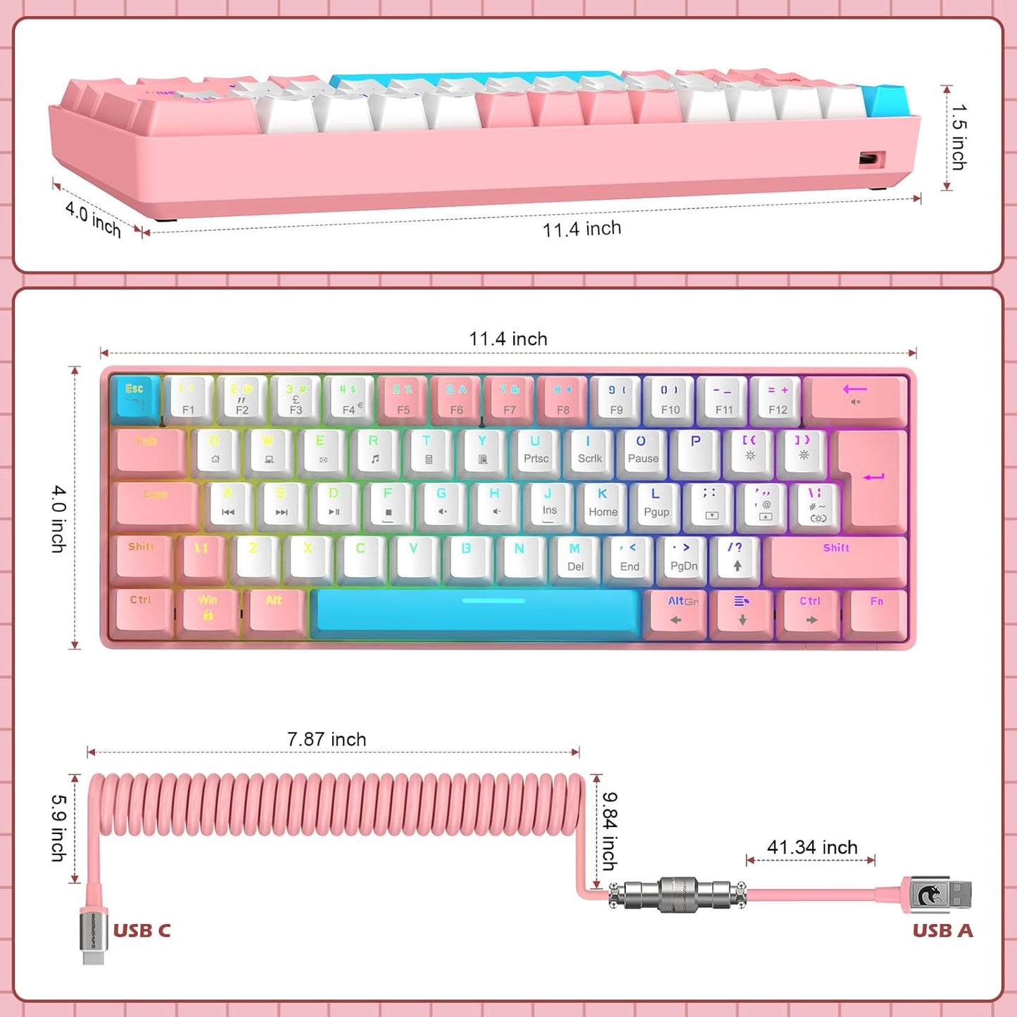 ZIYOU LANG RK-T60 Wired Mechanical Gaming Keyboard Mini Portable with Rainbow Backlit 62Key ABS Keycaps Full Anti-Ghosting Ergonomic Design Coiled Aviator Cable for PS4/PC/WIN Gamer(Blue/Red Switch)