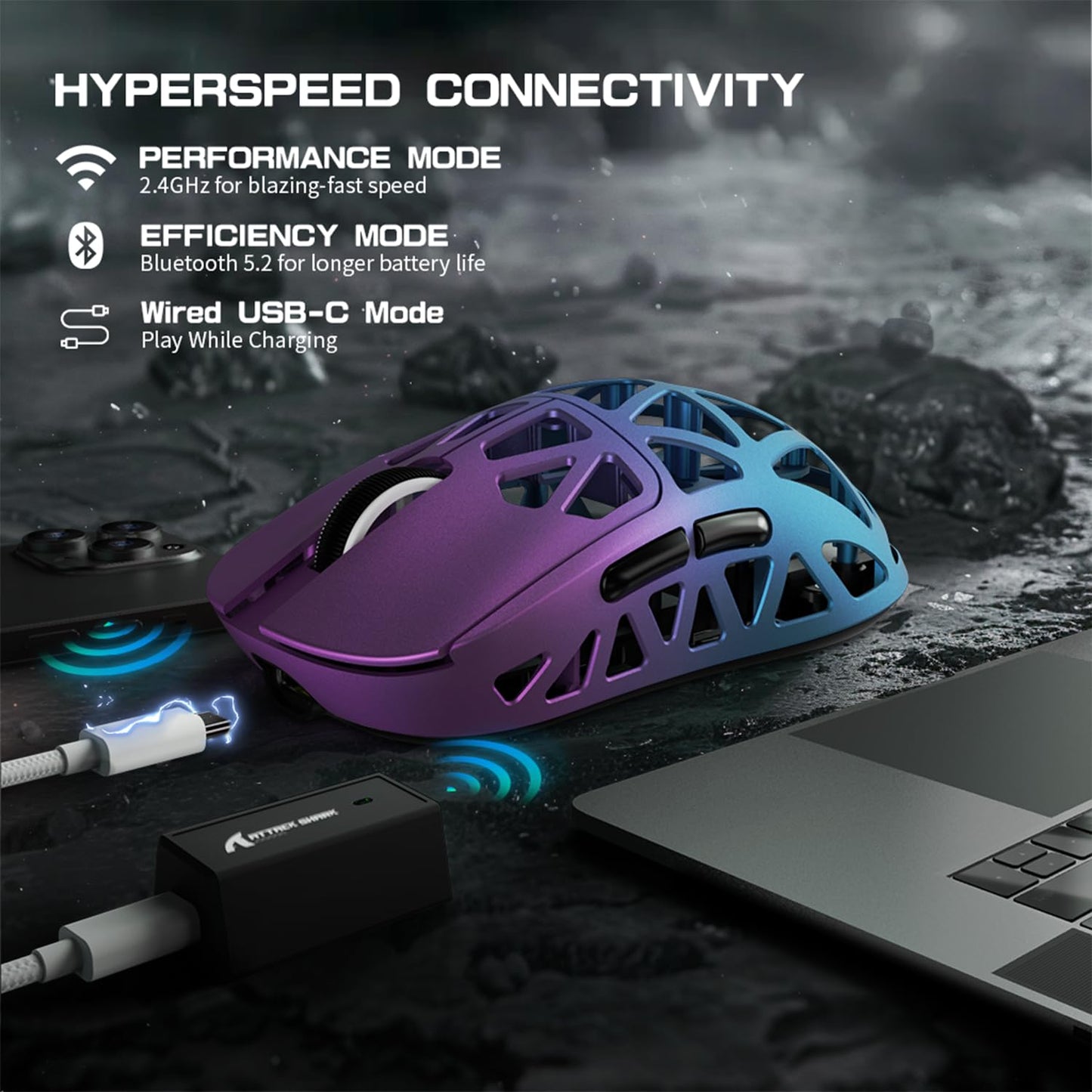 ZIYOU LANG x Attack Shark R2 Wireless Gaming Mouse, Superlight Magnesium Alloy, PAW3950 42000 DPI Optical Sensor, 8000Hz Polling Rate, 2.4G/BT/Wired Programmable Mice for Win Mac Gamer (Purple Blue)