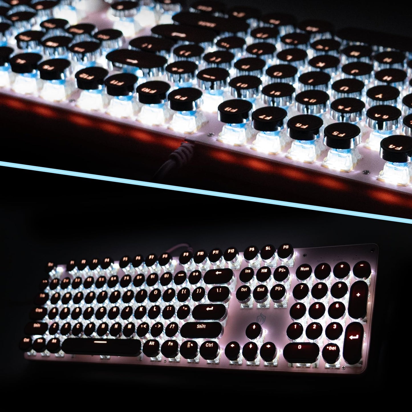 YSCP Typewriter Style Mechanical Gaming Keyboard LED Backlit Wired with Blue Switch Retro Round Keycap 104 Keys Keyboard (Pink 104Keys LED)