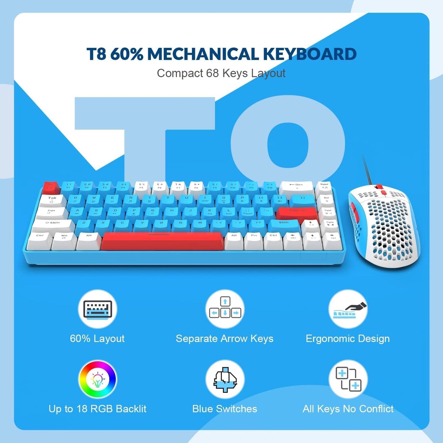 ZIYOU LANG RK-T8PR0 Wired 65% Mechanical Gaming Keyboard and Mouse Combo with RGB Backlit Anti-ghosting TKL Mini 68 Key Coiled C to A Cable Tactile Blue Switch for PS4 PS5 Xbox PC Mac Gamer(Dark Gray)
