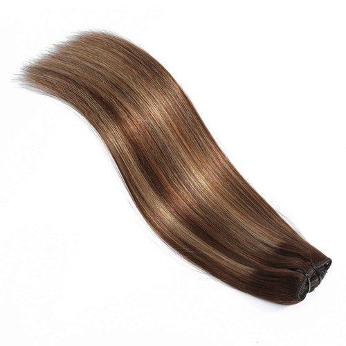 Goulus Clip-in Hair Extensions - Real Human Hair, 120g, 8pcs, Silky Straight, Chocolate Brown & Caramel Blonde, Double Weft, Thick Clip Ins (4/27/4,24)