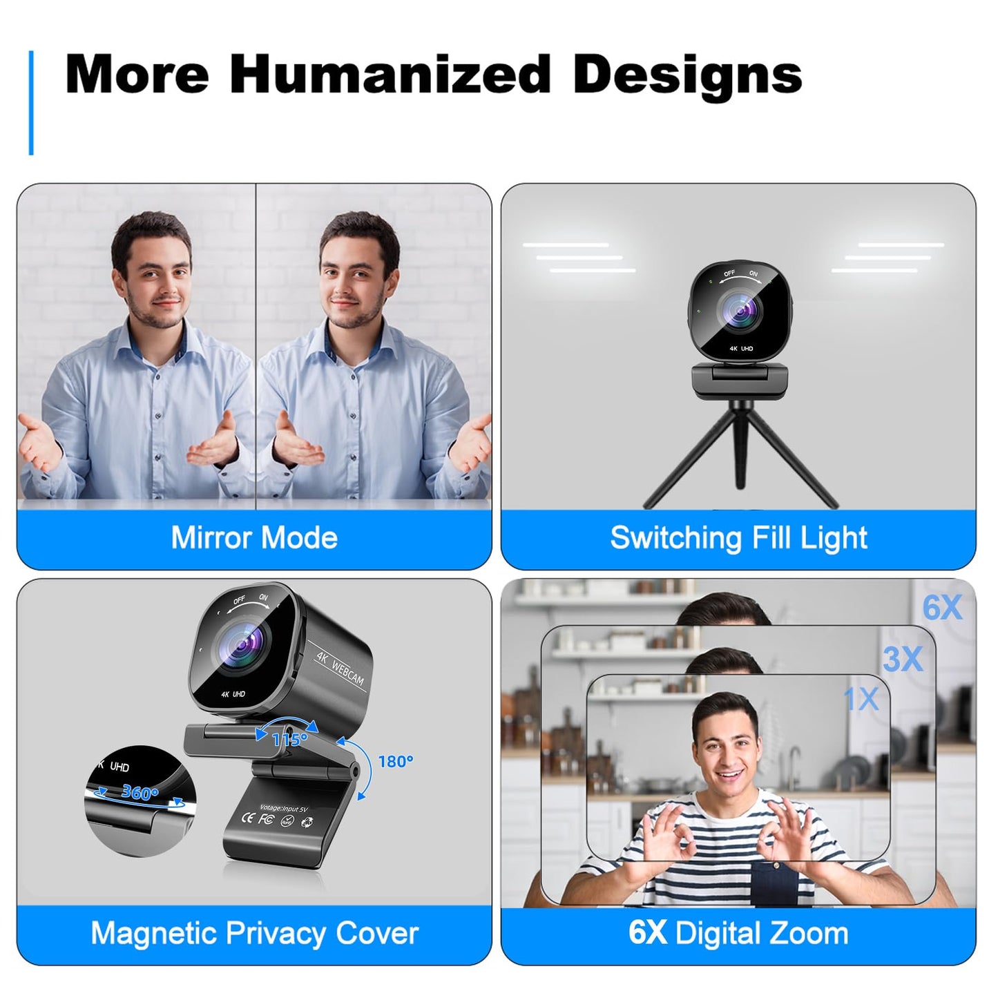 4K USB Webcam with 4 Noise-Canceling Mics, 50-92 FOV, Built-in OSD & Privacy Cover, Plug & Play for Zoom, Teams, Recording