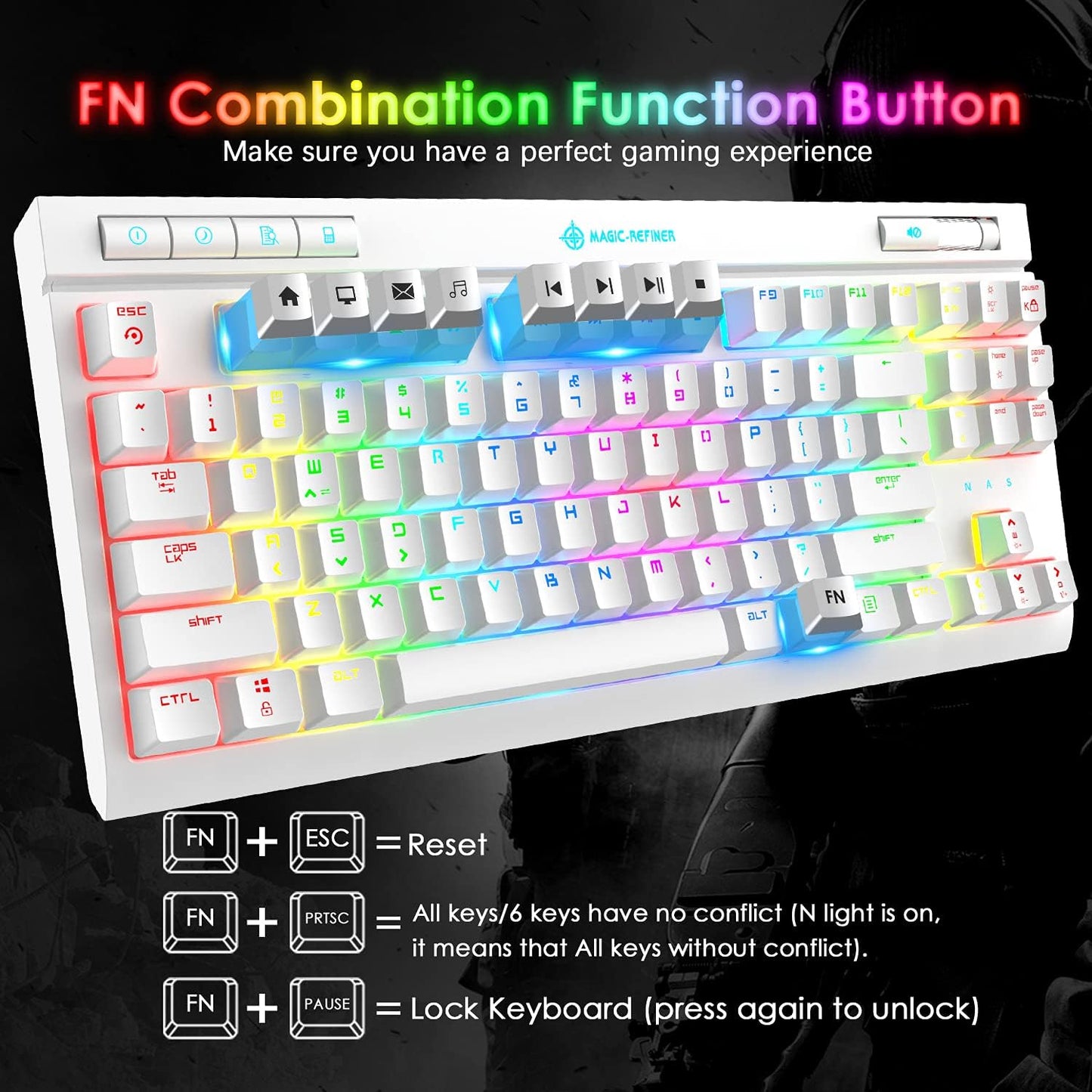 ZIYOU LANG Mechanical Gaming Keyboard, 87 Keys Chroma RGB LED Backlit, Blue Switch, USB-C, PC/Mac Compatible