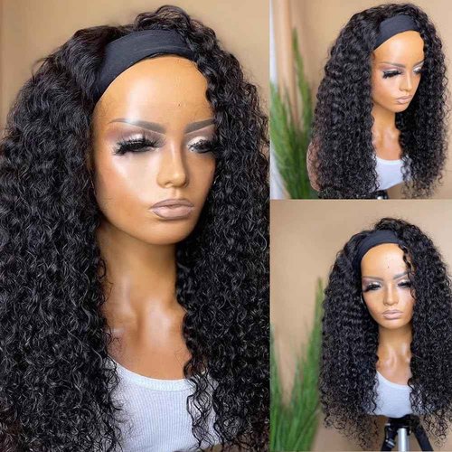 Long Headband Wig Human Hair Deep Wave Human Hair Wigs for Women Curly Half Wig None Lace Front Wigs 180% Density 26 Inch Brazilian Virgin Hair Natural Black Color