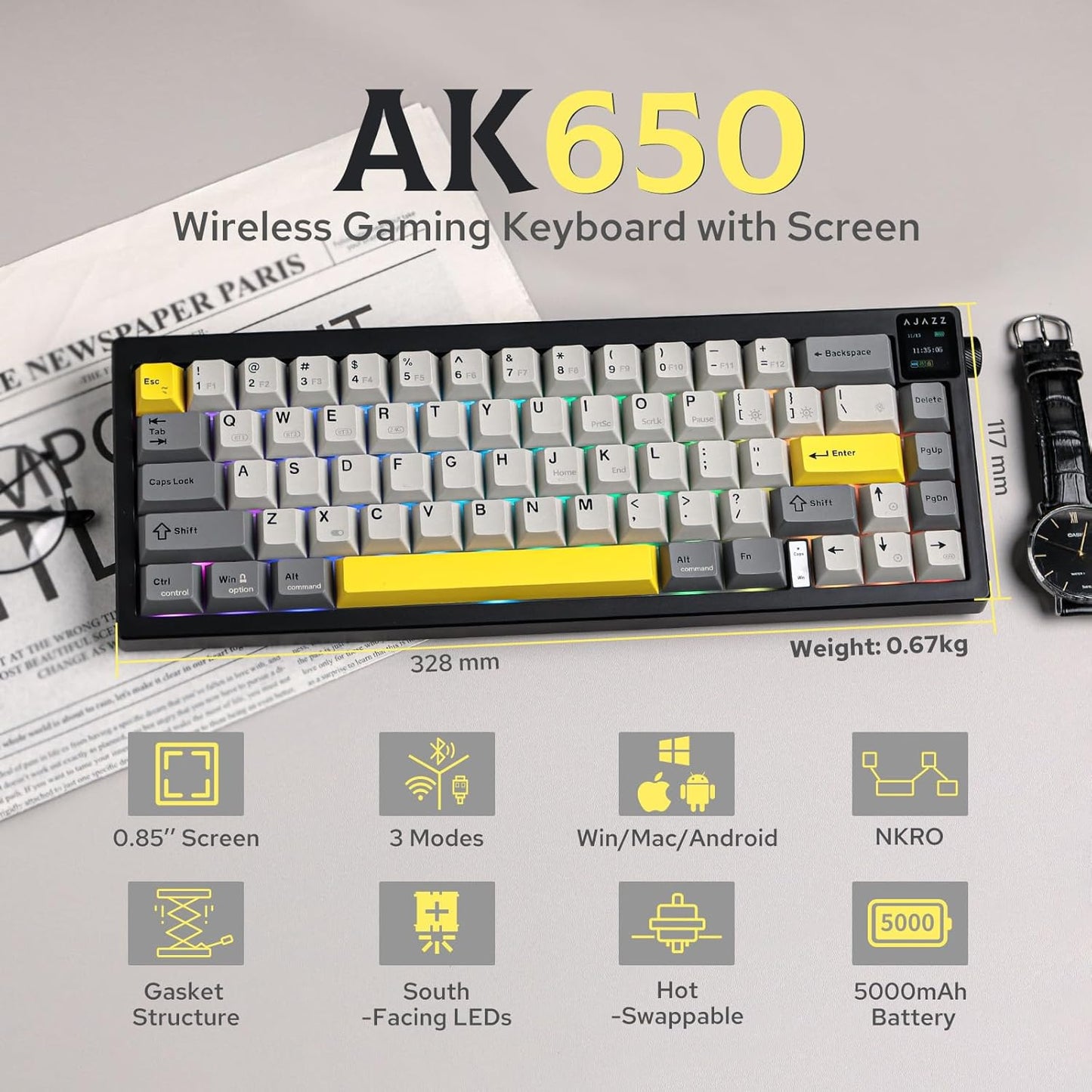 AJAZZ AK650 65% Gasket Mechanical Keyboard, 3 Modes Wireless Gaming Keyboard with 0.85'' TFT Screen & Knob, Hot Swappable, 5000 mAh Battery, Flex-Cut Plate & PCB, RGB (White Purple)