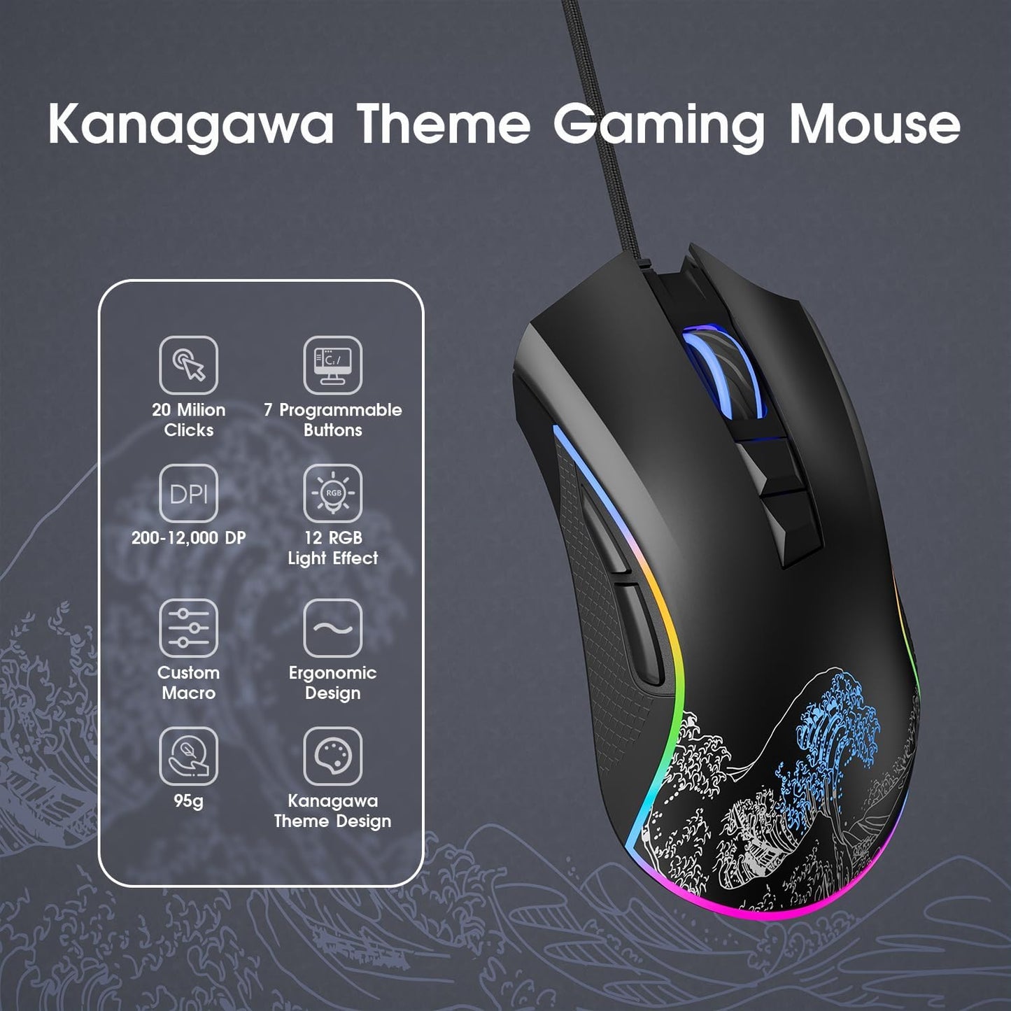 XVX G705 Wired Gaming Mouse, 12000 DPI RGB Gaming Mouse with 12 Backlit Modes & 7 Macro Buttons, PC Gaming Mice Support DIY Keybinding, Mouse Gamer Computer Mouse for Laptop PC Mac Windows,Topographic