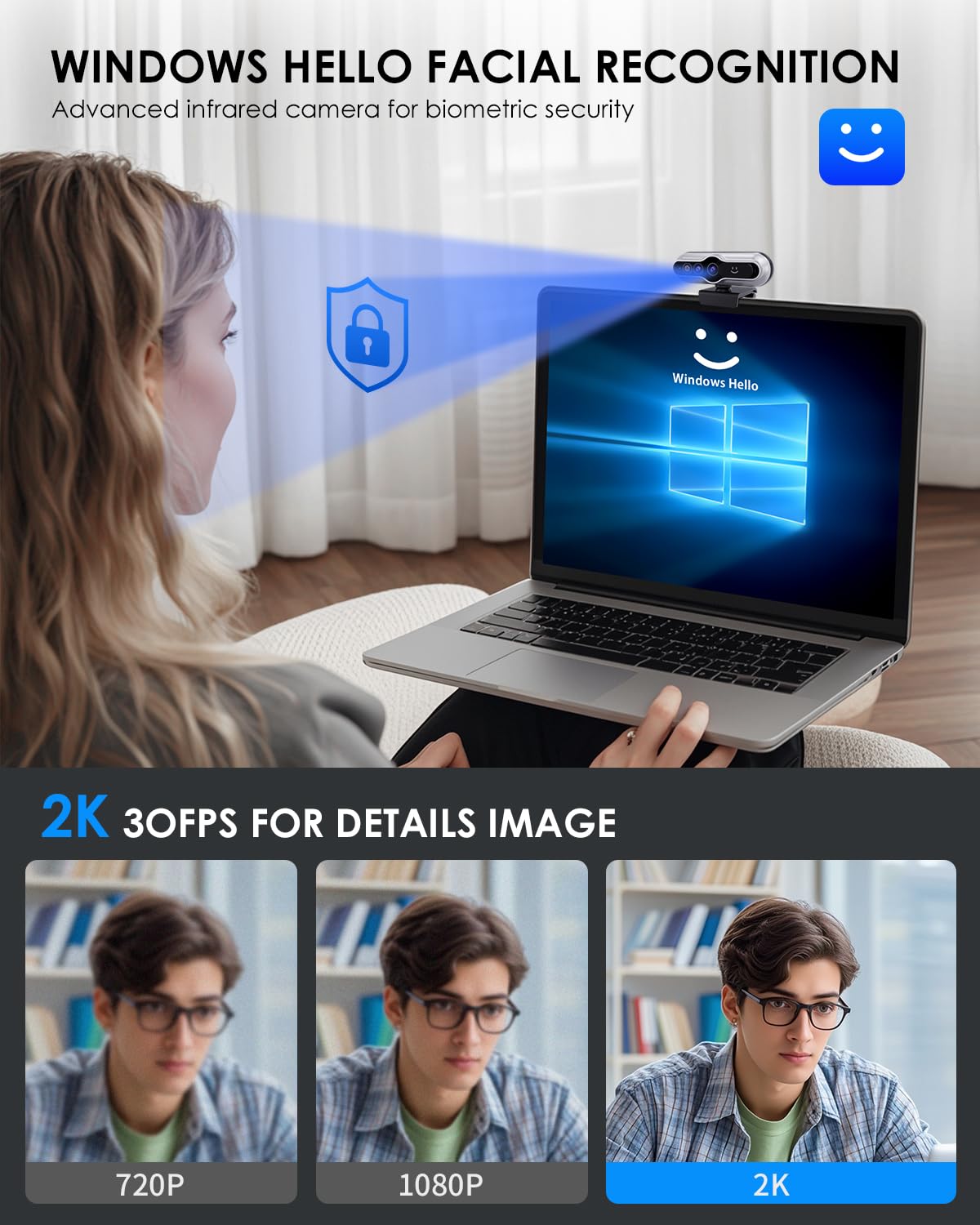 2K HD Webcam with Infrared Windows Hello Facial Recognition, Computer Camera, Privacy Cover, Noise Canceling Microphones, Laptop Webcam For Video Conferencing, Live, Streaming, Online Learning