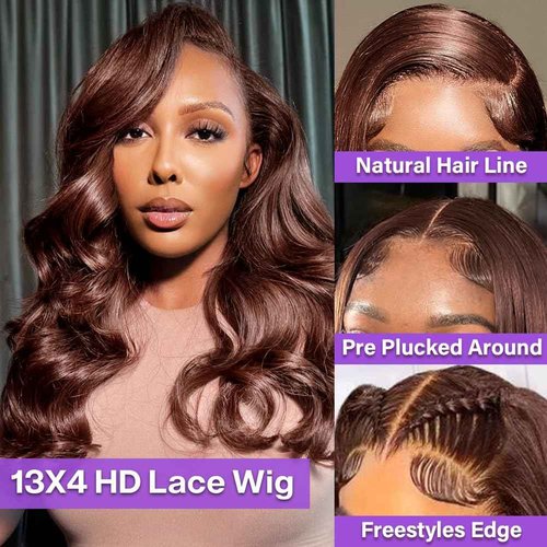 Hihmarm Chocolate Brown Body Wave Lace Front Wigs Human Hair Pre Plucked 180% Density 13x4 HD Lace Front Wigs Human Hair For Black Women 18 Inch Glueless Wigs Human Hair Beginners Friendly