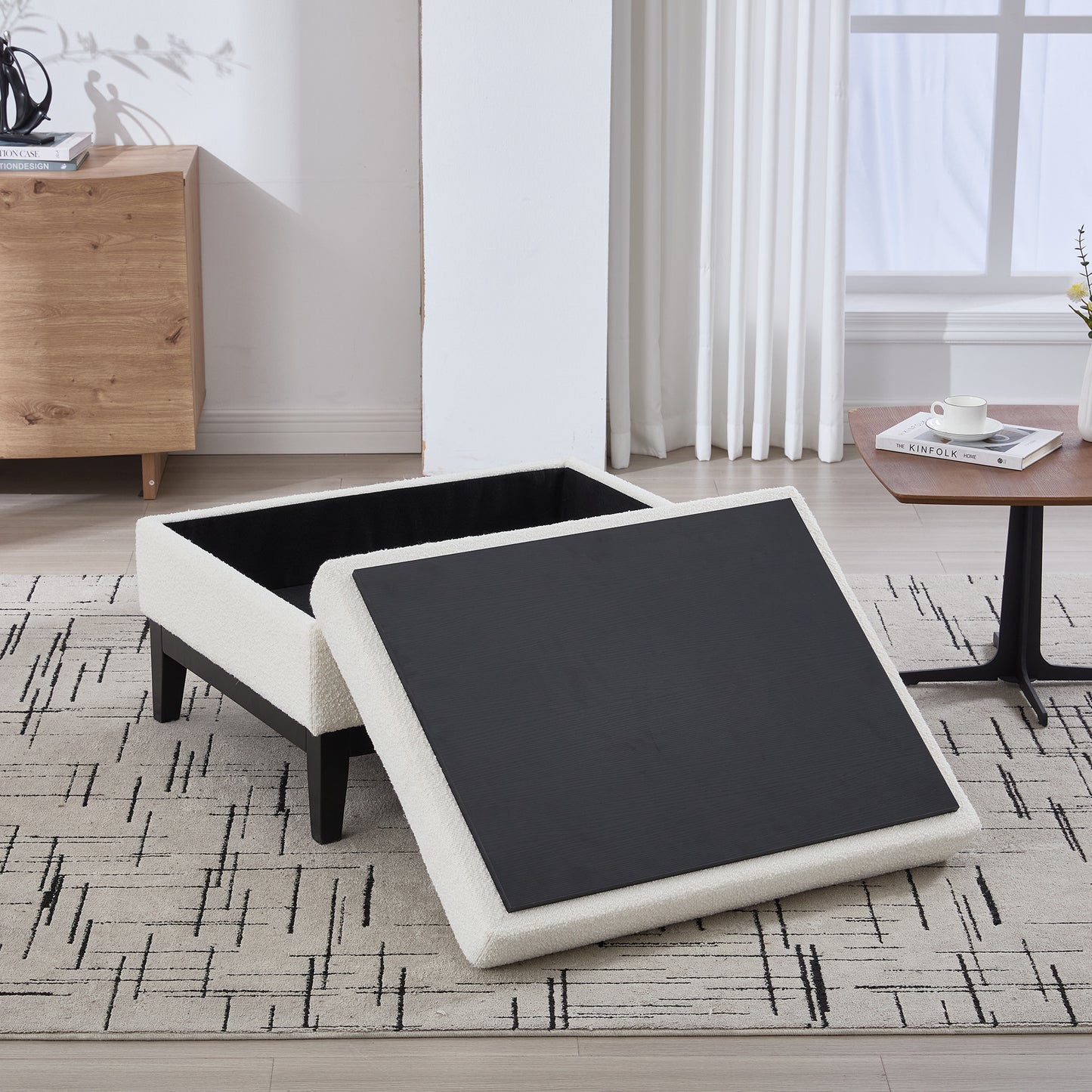 Ivory Upholstered Storage Ottoman with Reversible Lid - Footstool