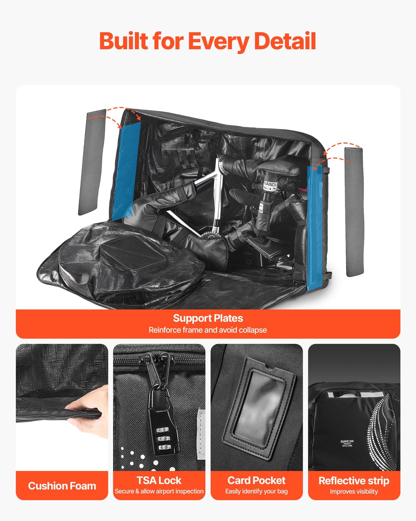 Bike Travel Bag with TSA Lock, Support Plates & Fork Mount - Max 51 Inch Wheelbase