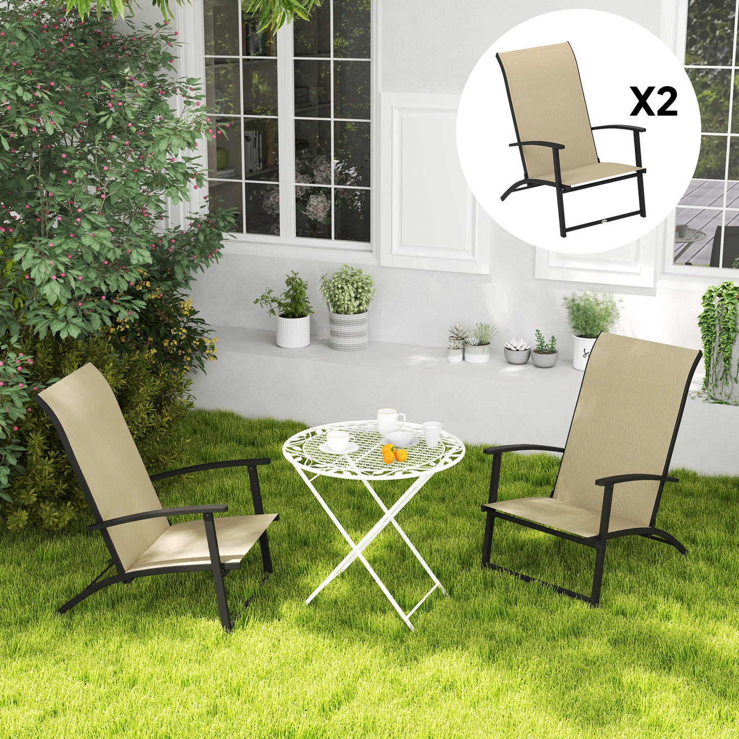 Set of 2 Folding Outdoor Dining Chairs with High Back & Armrests - Beige