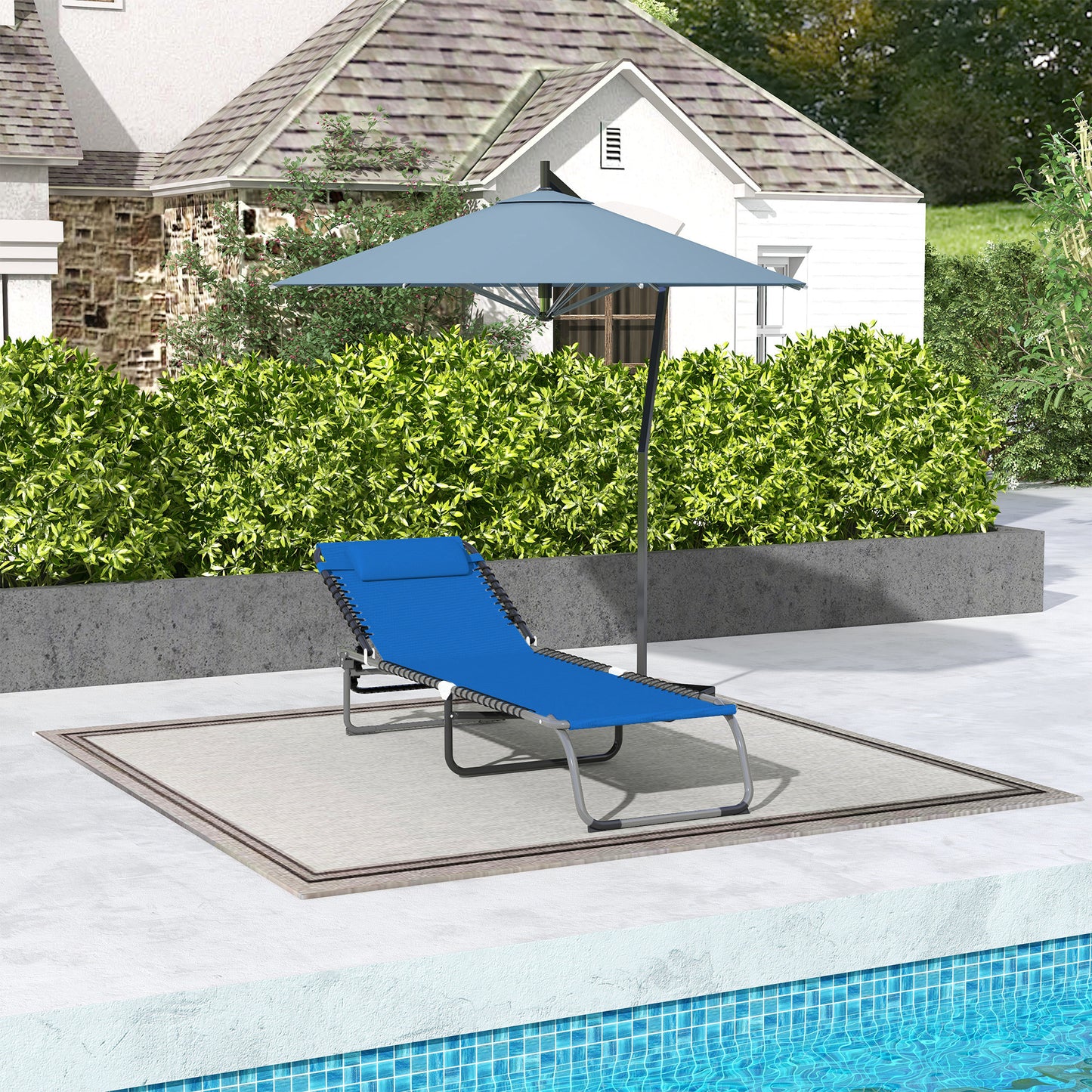 Foldable Chaise Lounge Chair - 4-Position Reclining, Portable Mesh - Navy Blue