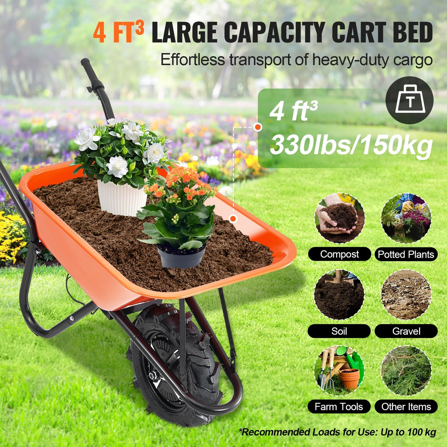 Electric Garden Wheelbarrow Cart 500W Power Dump Yard Cart 4 Cu Ft Load 330 Lb Capacity