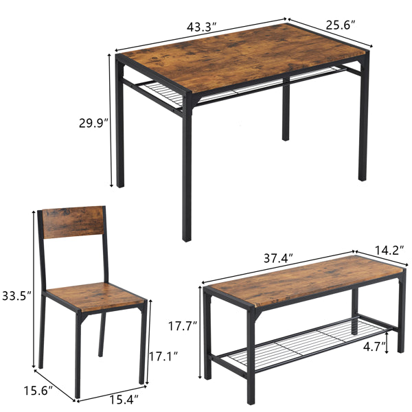 Dining Table Set for 4 - Rustic Brown Kitchen Table with 2 Chairs and Bench