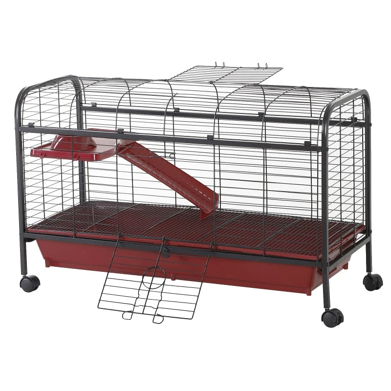 Small Animal Cage with Ramp & Feeder - Mobile Pet Hutch for Rabbit & Ferret, 41.5 Inch