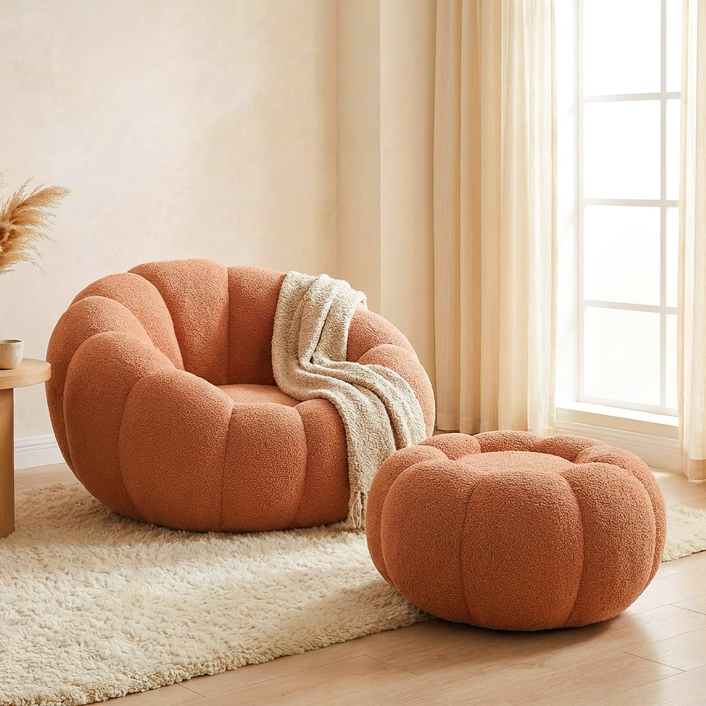 Pumpkin Shape Lounge Chair with Footstool - Brown