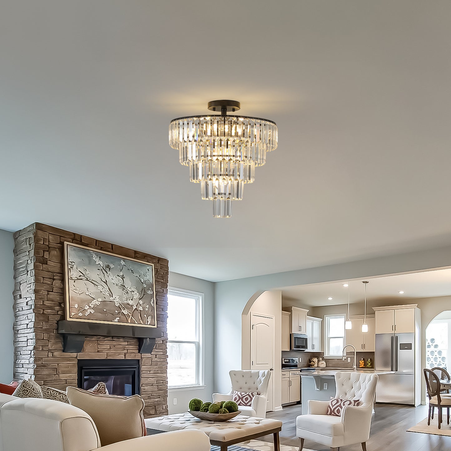 Modern Black Crystal Chandelier - 10-Light Flush Mount Fixture