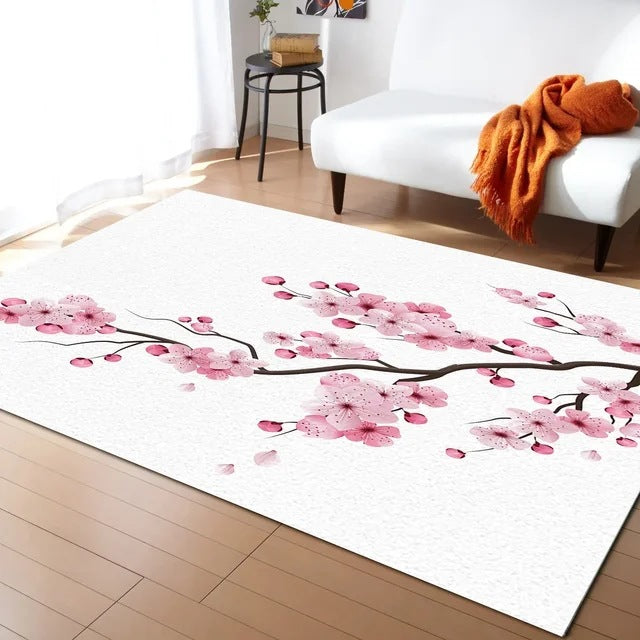 Pastel Cherry Blossom and Crescent Moon Non-Slip Flannel Floor Mat - Home Rug