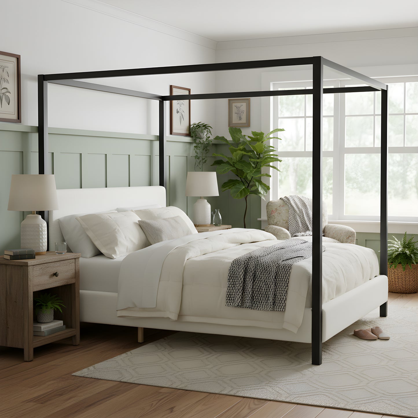 King Size Modern Black Metal Canopy Bed with White Boucle Upholstery